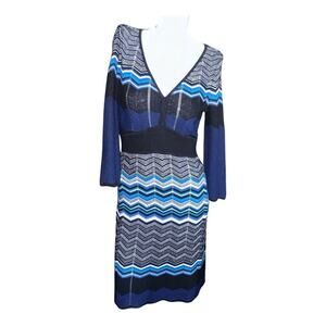 a.n.a. Black, Blue, White Knit Long Sleeve Dress, Size Small